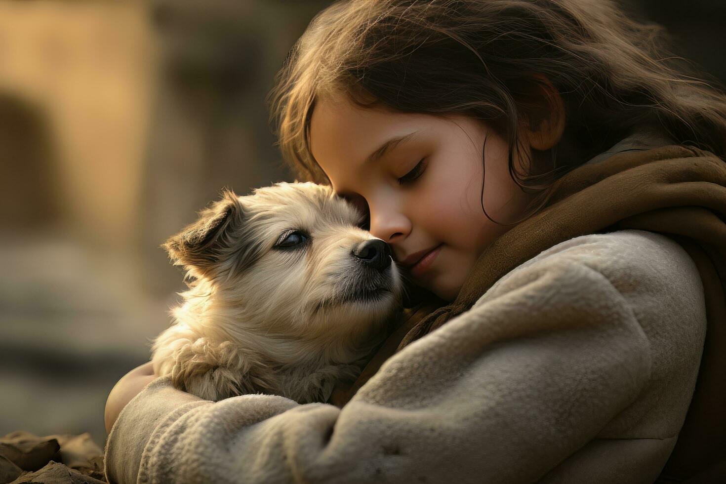 poco ragazza abbracciare sua cane con caldo leggero sfondo, ragazzo abbracci un' vagante cane per veicolare un' senso di amore. foto