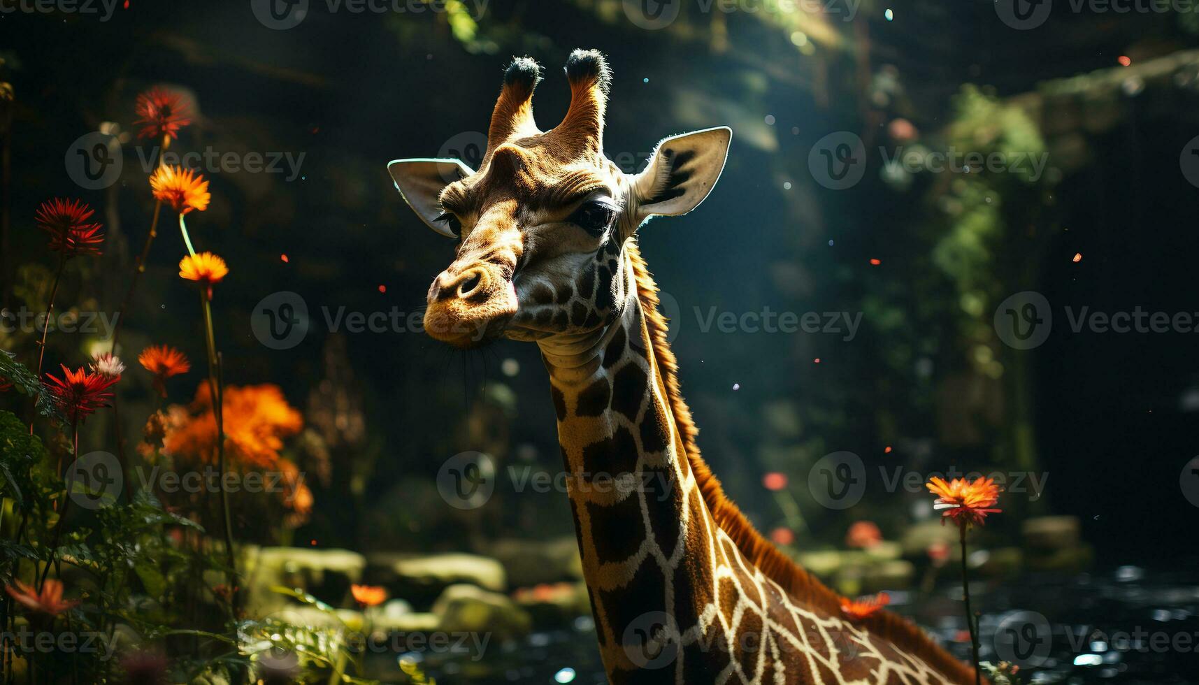 giraffa nel il selvaggio, natura bellezza, vicino su di elegante mammifero generato di ai foto
