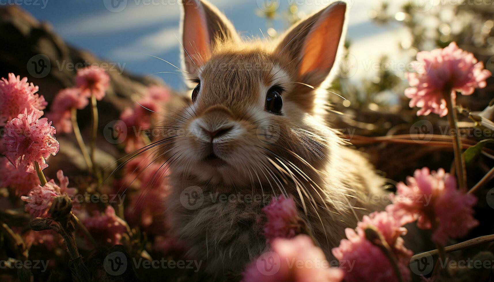 carino piccolo coniglio seduta nel erba, godendo natura generato di ai foto