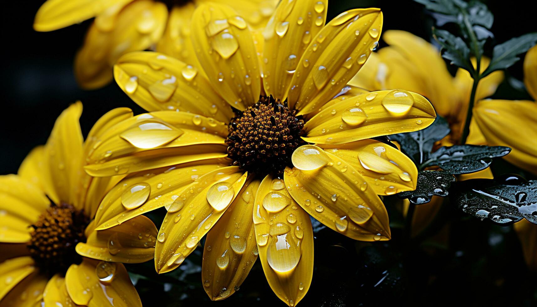 vivace giallo margherita, bagnato con rugiada, riflette bellezza nel natura generato di ai foto