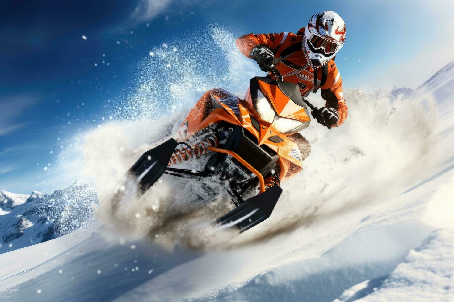 gatto delle nevi ciclista nel alto montagne. estremo motoslitta sport, estremo ciclista salto con un' gatto delle nevi su il neve, viso coperto con casco, ai generato foto