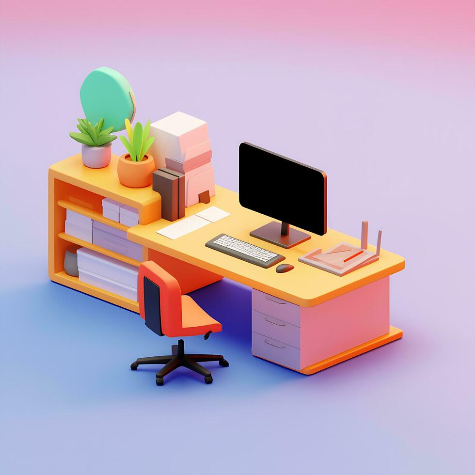 Visualizza di 3d moderno scrivania e sedia ufficio confortevole camera illustrazione foto