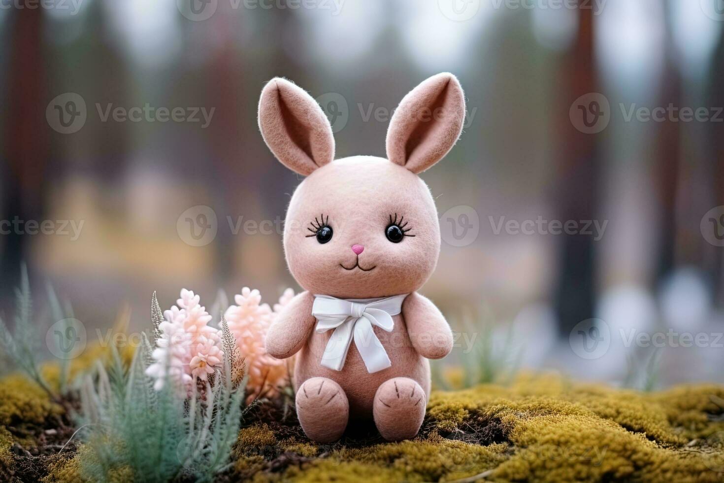 carino ingenuo provato giocattolo coniglietto con un' arco nel il foresta sfocato sfondo foto
