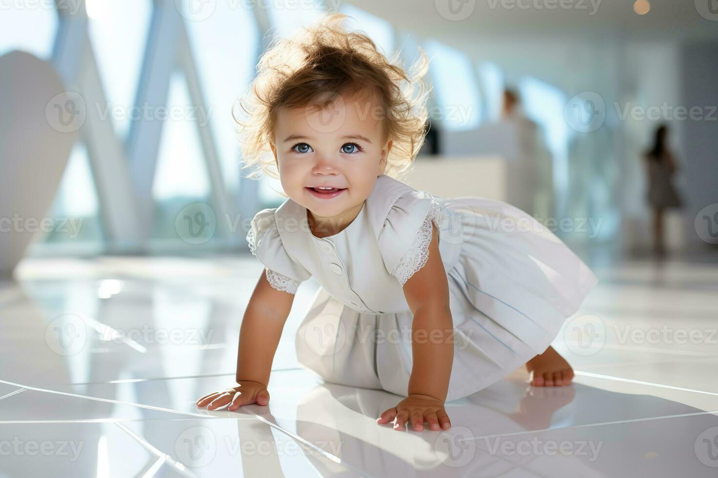 poco affascinante ragazza nel un' bianca vestito striscia nel un' moderno camera su un' sfocato sfondo foto