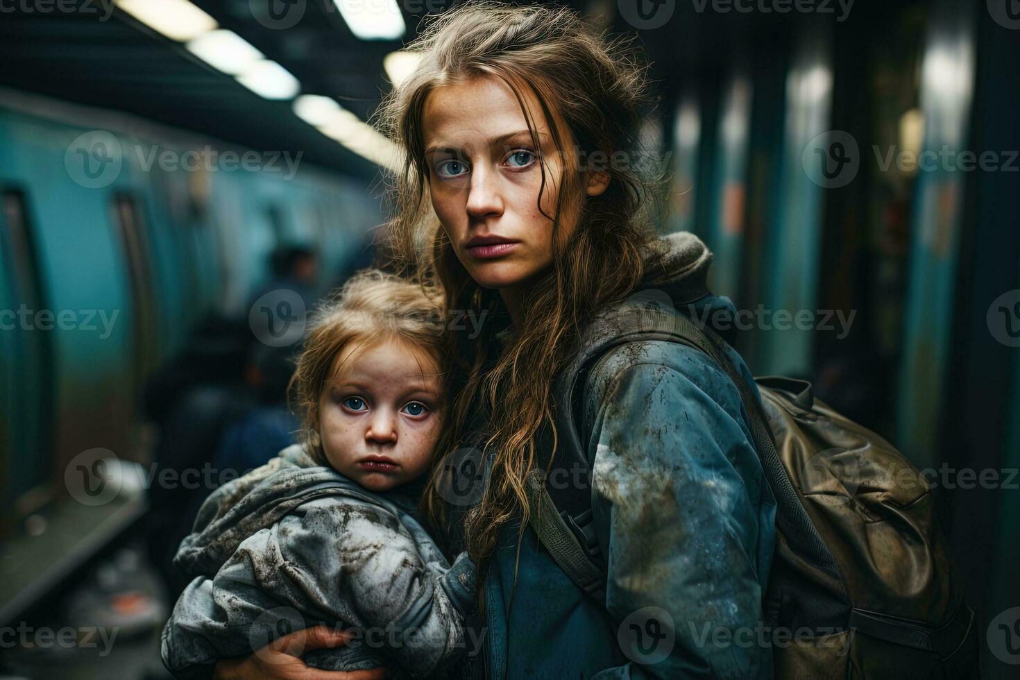 povero senza casa donna e figlia nel sporco Abiti con zaino nel un' metropolitana stazione foto