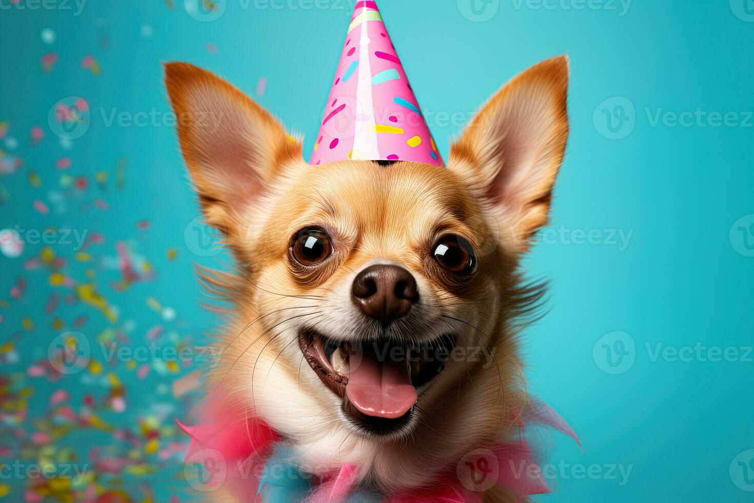 carino adorabile chihuahua sorridente nel un' rosa compleanno cappello su un' rosa sfondo. compleanno festa di celebrazione concetto foto