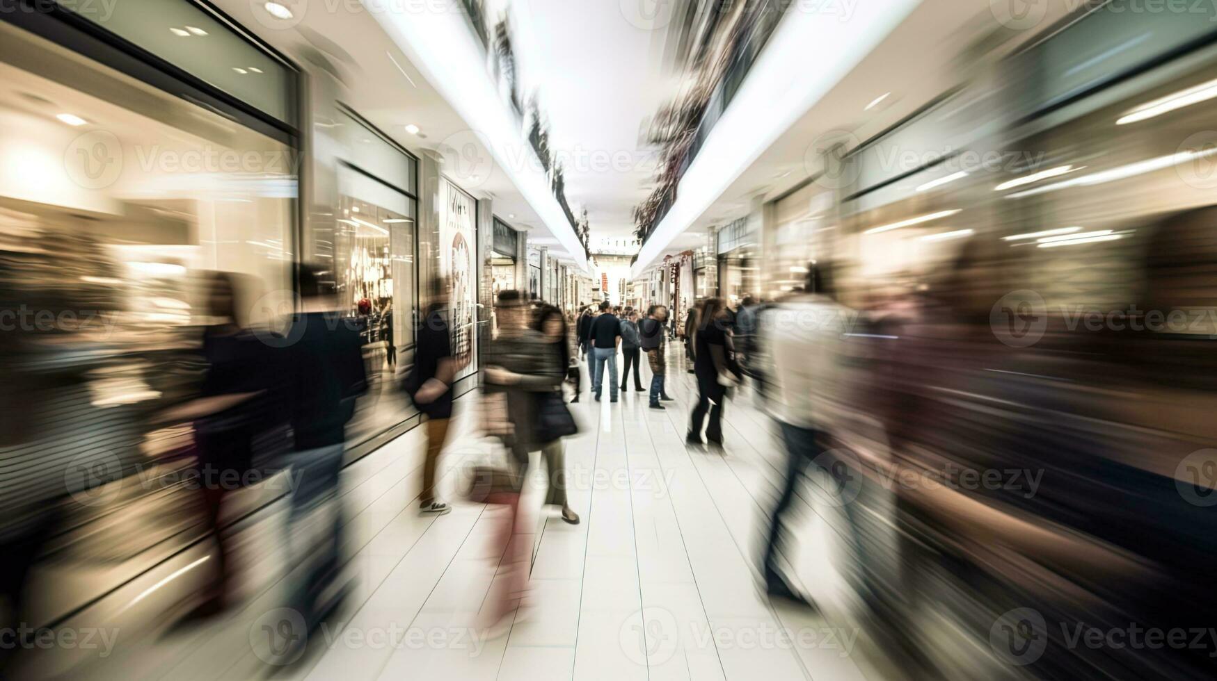 persone nel movimento siamo sfocato nel il corridoio di un' shopping centro. Visualizza forma occhi foto