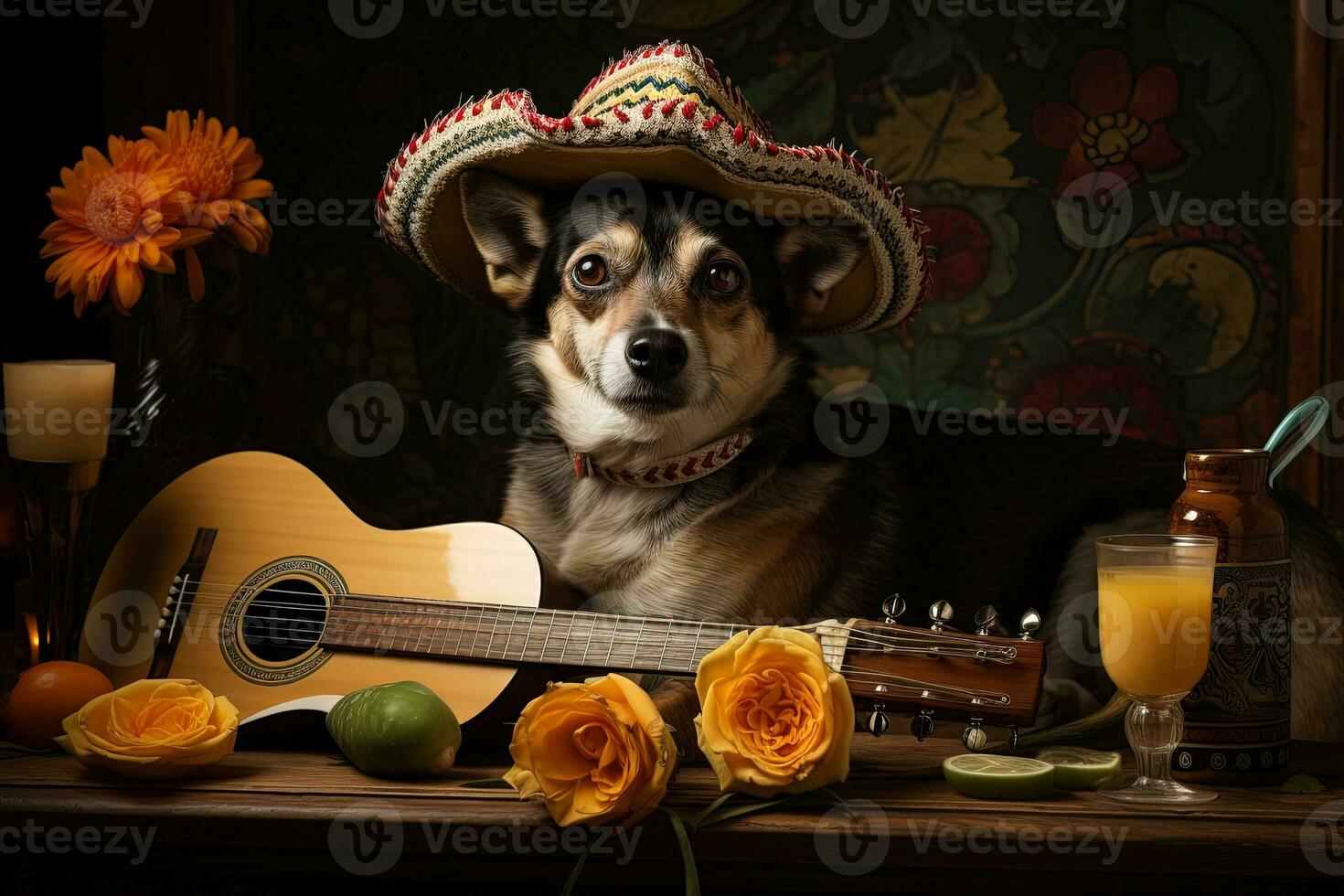 carino cane nel un' sombrero con un' chitarra circondato di frutta, fiori e un' bicchiere di arancia bevanda foto