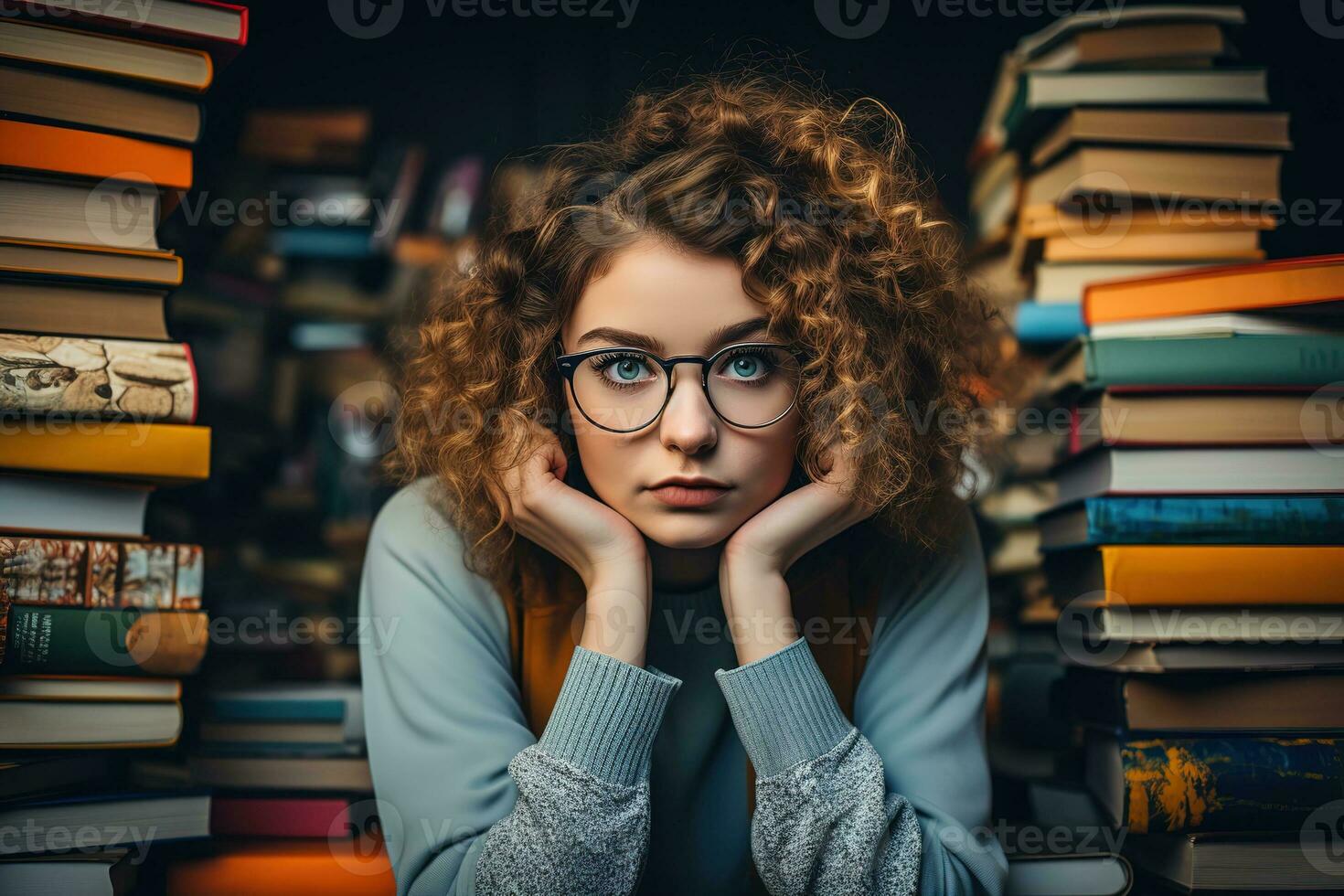 bellissimo alunno donna con Riccio capelli nel bicchieri tra pile di libri nel il biblioteca foto