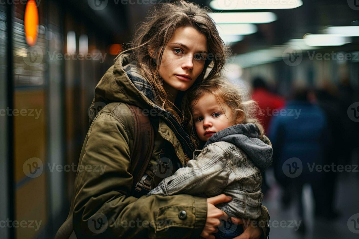 povero senza casa donna abbracciare figlia nel logoro su Abiti a metropolitana stazione foto