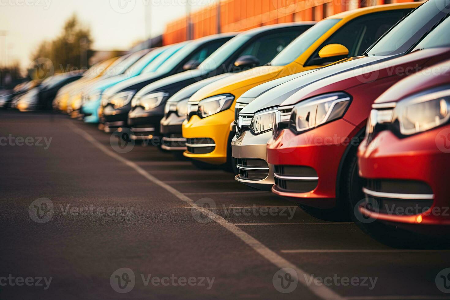 molti colorato macchine in piedi nel un' riga nel il parcheggio lotto di il concessionaria foto