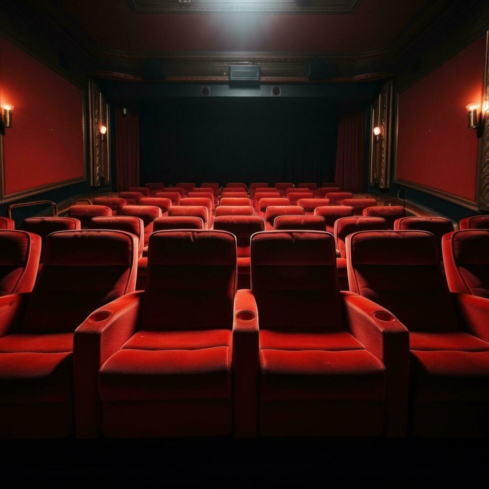 rosso velluto cinema posti a sedere con vuoto schermo foto