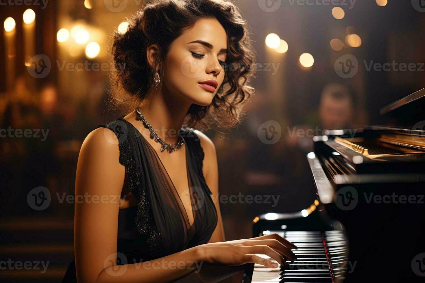 giovane affascinante e attraente donna giocando il pianoforte nel un' ristorante foto