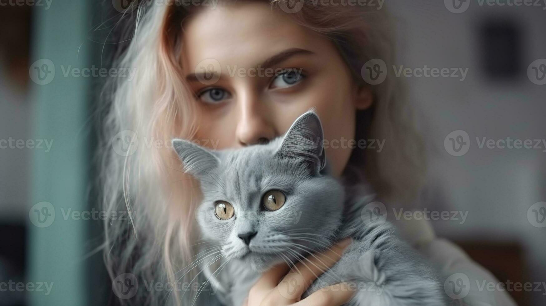 attraente Riccio bionda con blu occhi petting un' soffice grigio gatto, generativo ai foto