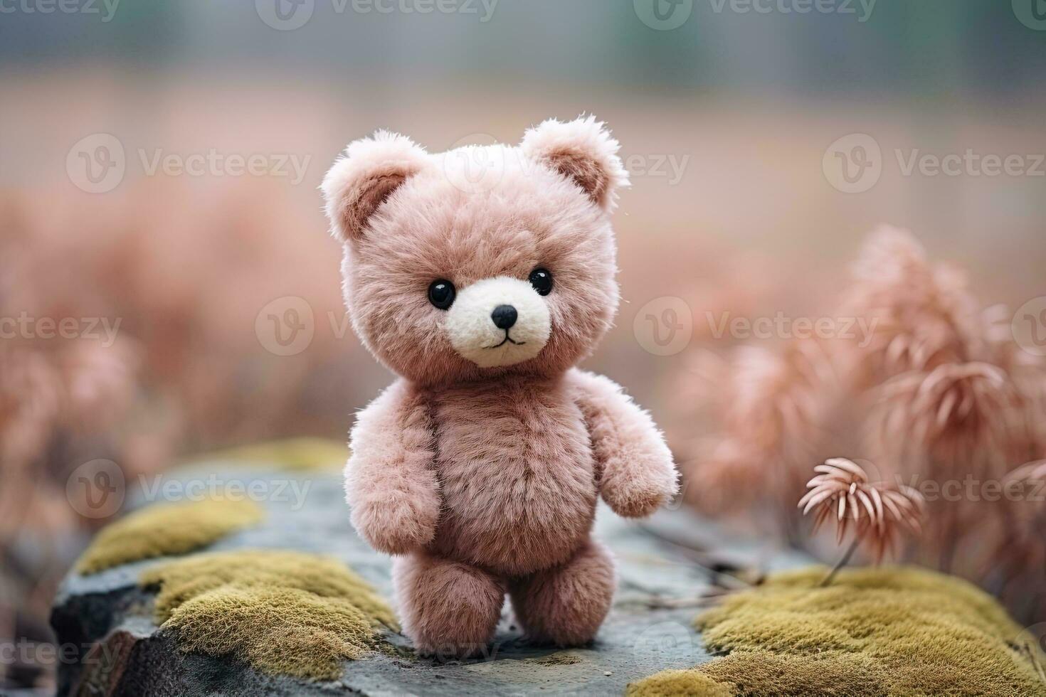 carino rosa orsacchiotto orso in piedi su un' pietra su un' sfocato sfondo foto