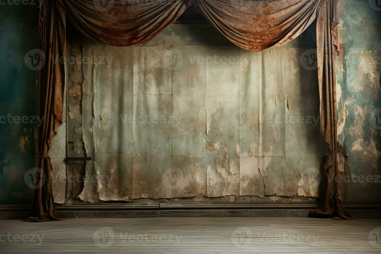 rosso vecchio sporco Teatro tenda contro il sfondo di un' parete con fatiscente malta. lungo abbandonato scena foto