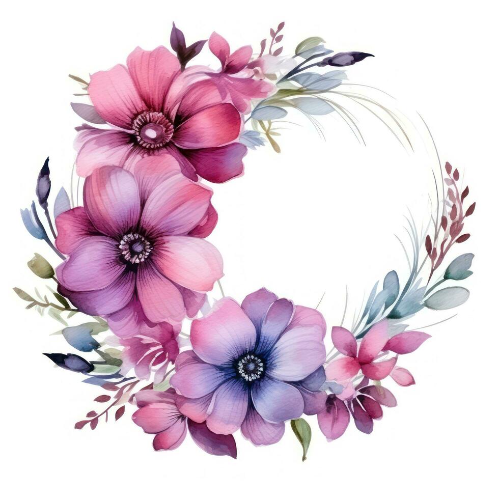 acquerello floreale ghirlanda con rosa e viola fiori foto