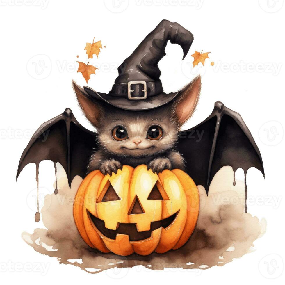 carino Halloween pipistrello acquerello. cartone animato personaggio nel un' cappello con zucca su Marrone acquerello sfondo. strambo modello per carte, manifesti, adesivi. Halloween illustrazione nel acquerello stile. foto