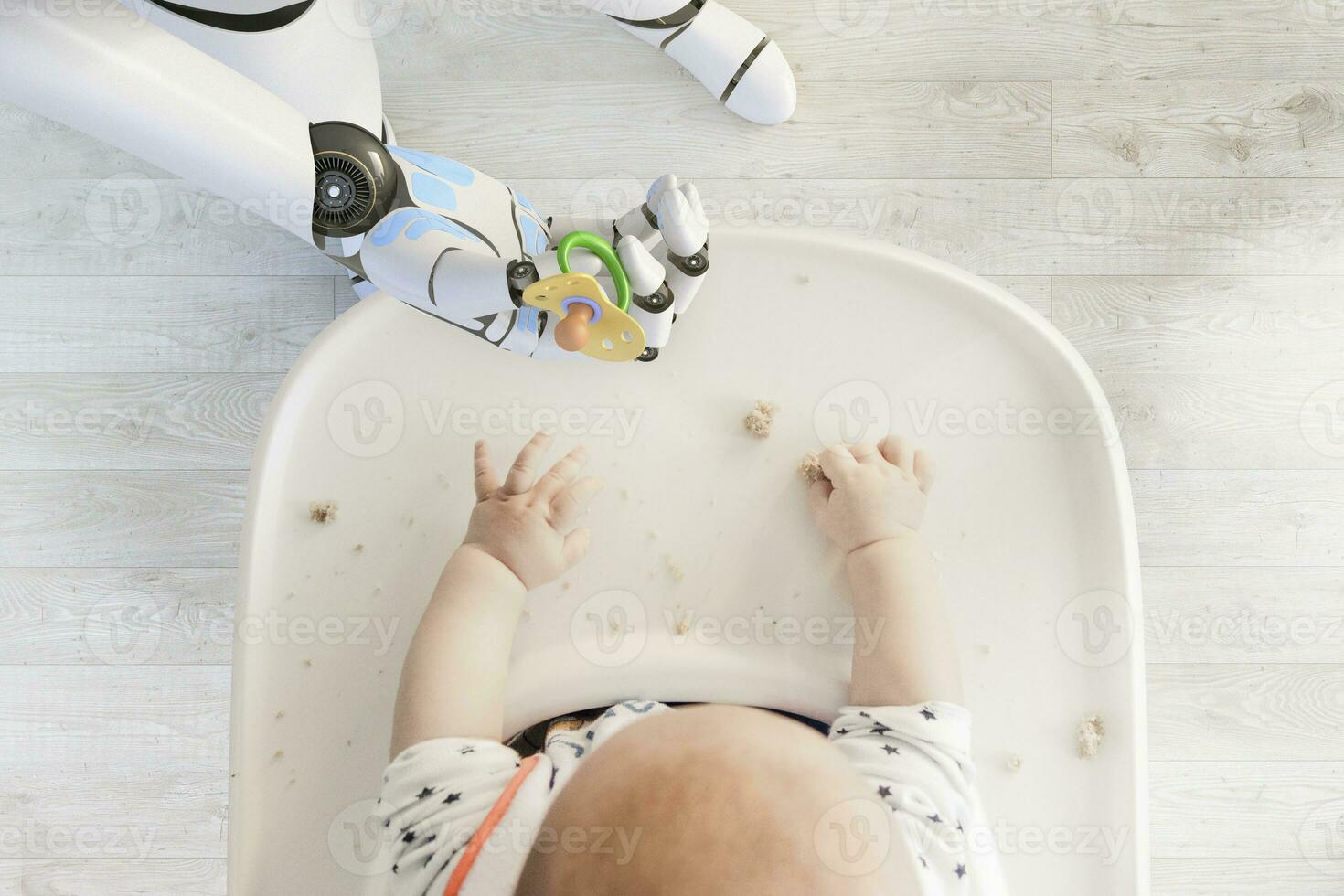 robot mano dando pacificatore per bambino ragazzo seduta nel alto sedia giocando con pane crosticine, superiore Visualizza foto