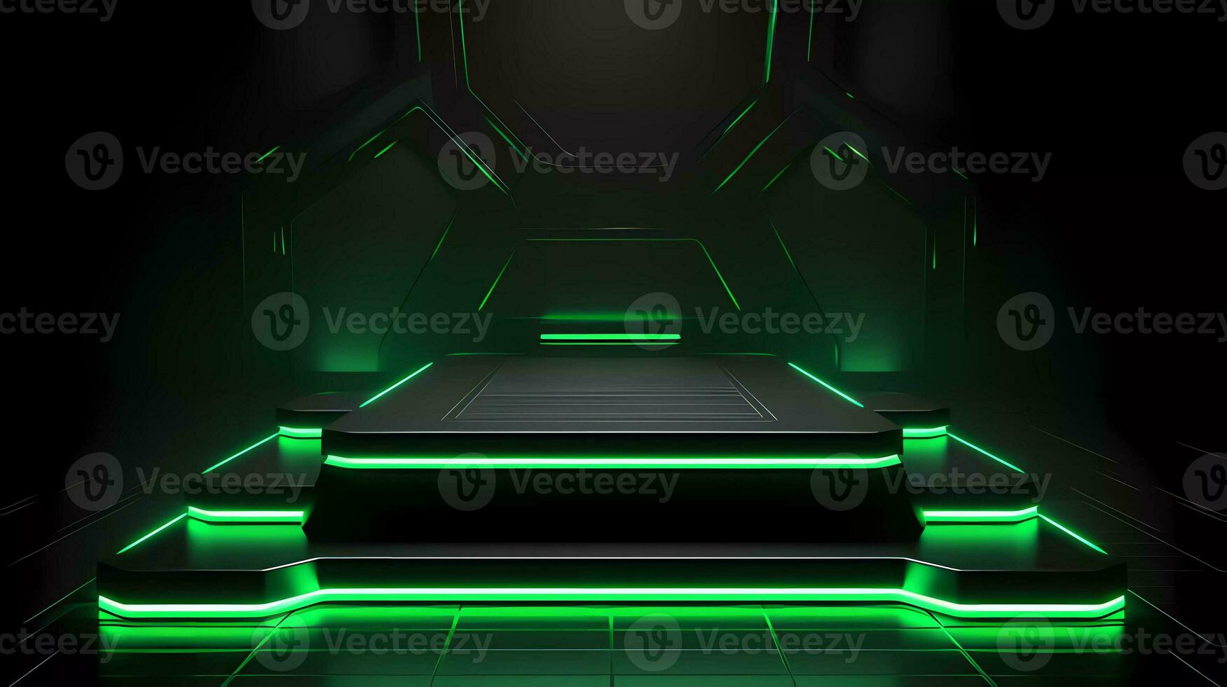 podio con futuristico verde neon illuminazione scienza palcoscenico sfondo. 3d reso scienza tecnologia vetrine. foto