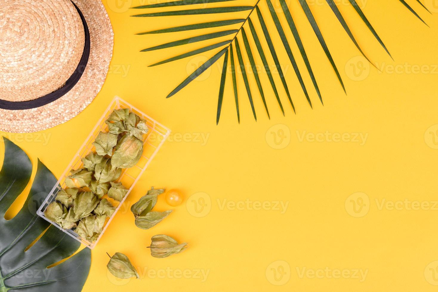 carambola di frutta, accessori da spiaggia e fogliame di una pianta tropicale su carta colorata foto