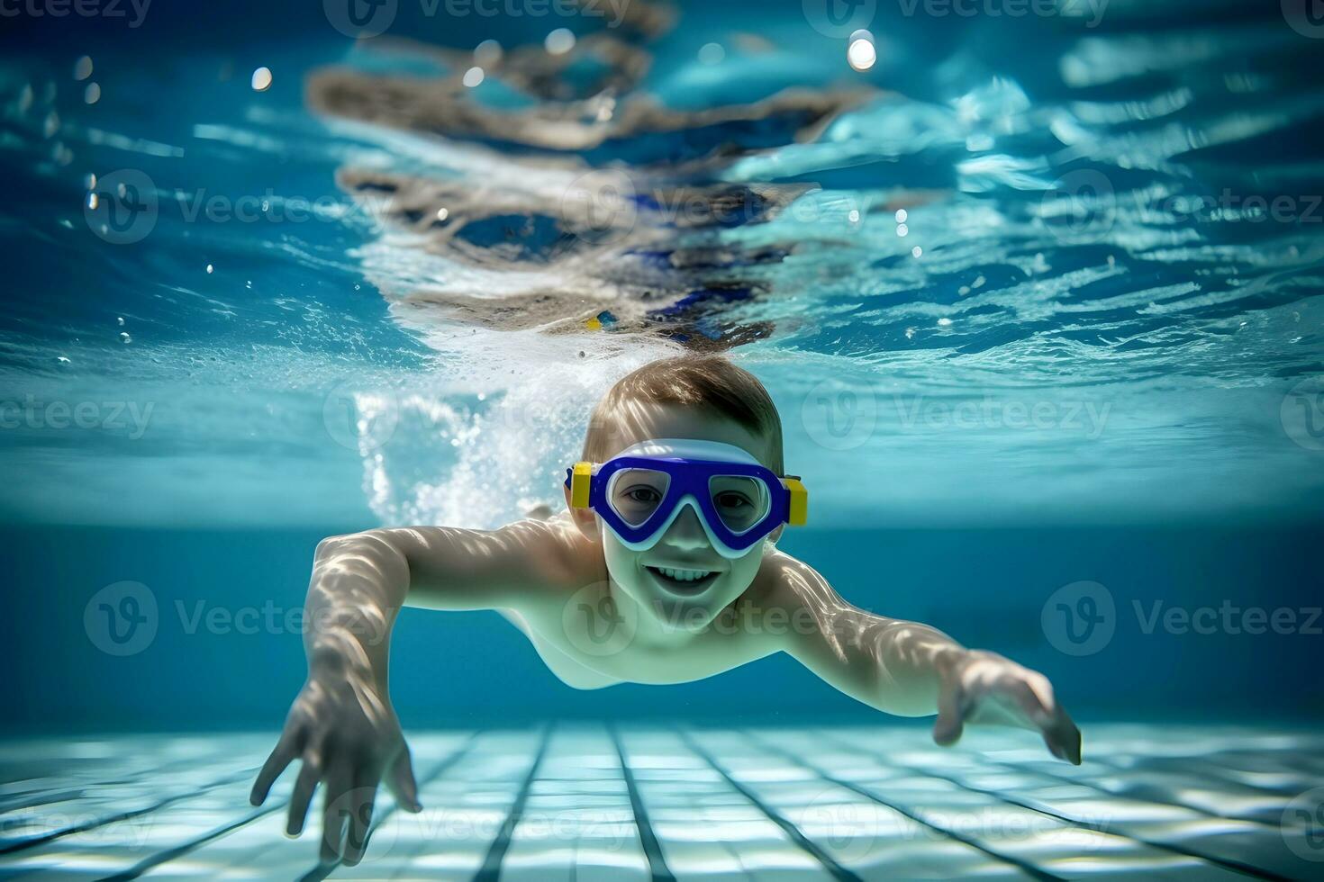 giovane ragazzo con occhiali nuoto subacqueo nel nuoto piscina foto