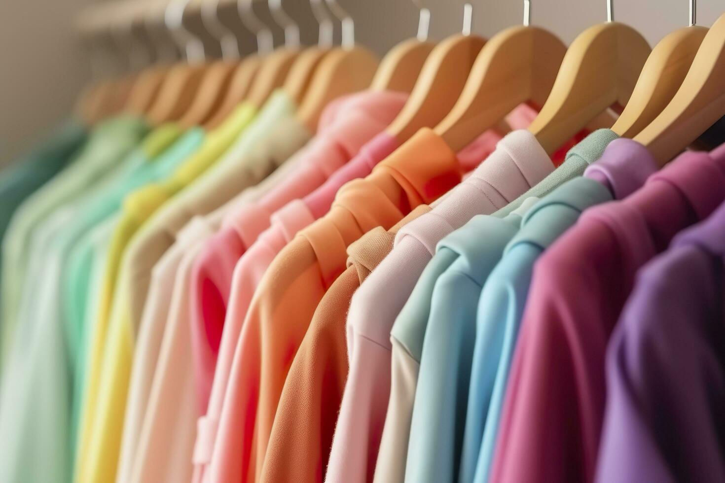 colorato Abiti su un' capi di abbigliamento cremagliera, pastello colorato guardaroba nel un' shopping memorizzare o Camera da letto, arcobaleno colore Abiti scelta su grucce, casa armadio concetto Immagine. ai generativo foto