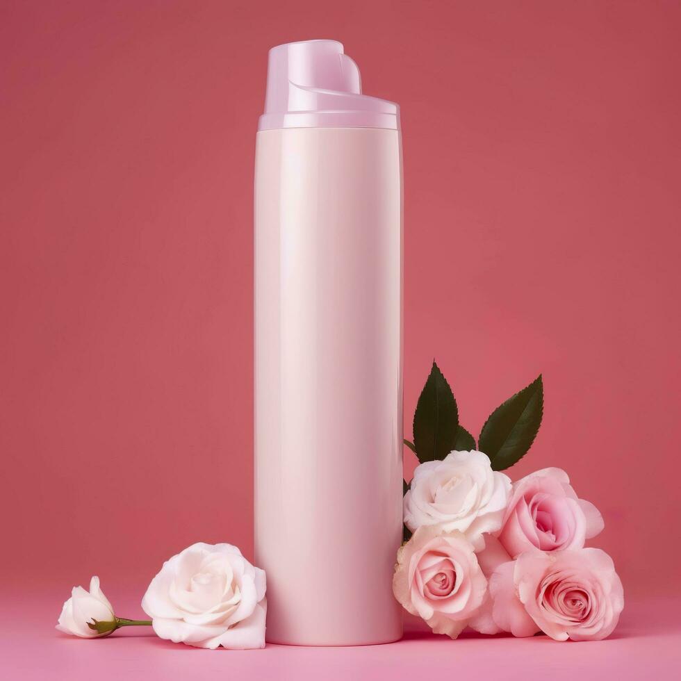 amazon Prodotto immagine corpo lavare, cilindro bottiglia solido colore rosa sfondo, con Rose, ai generativo foto