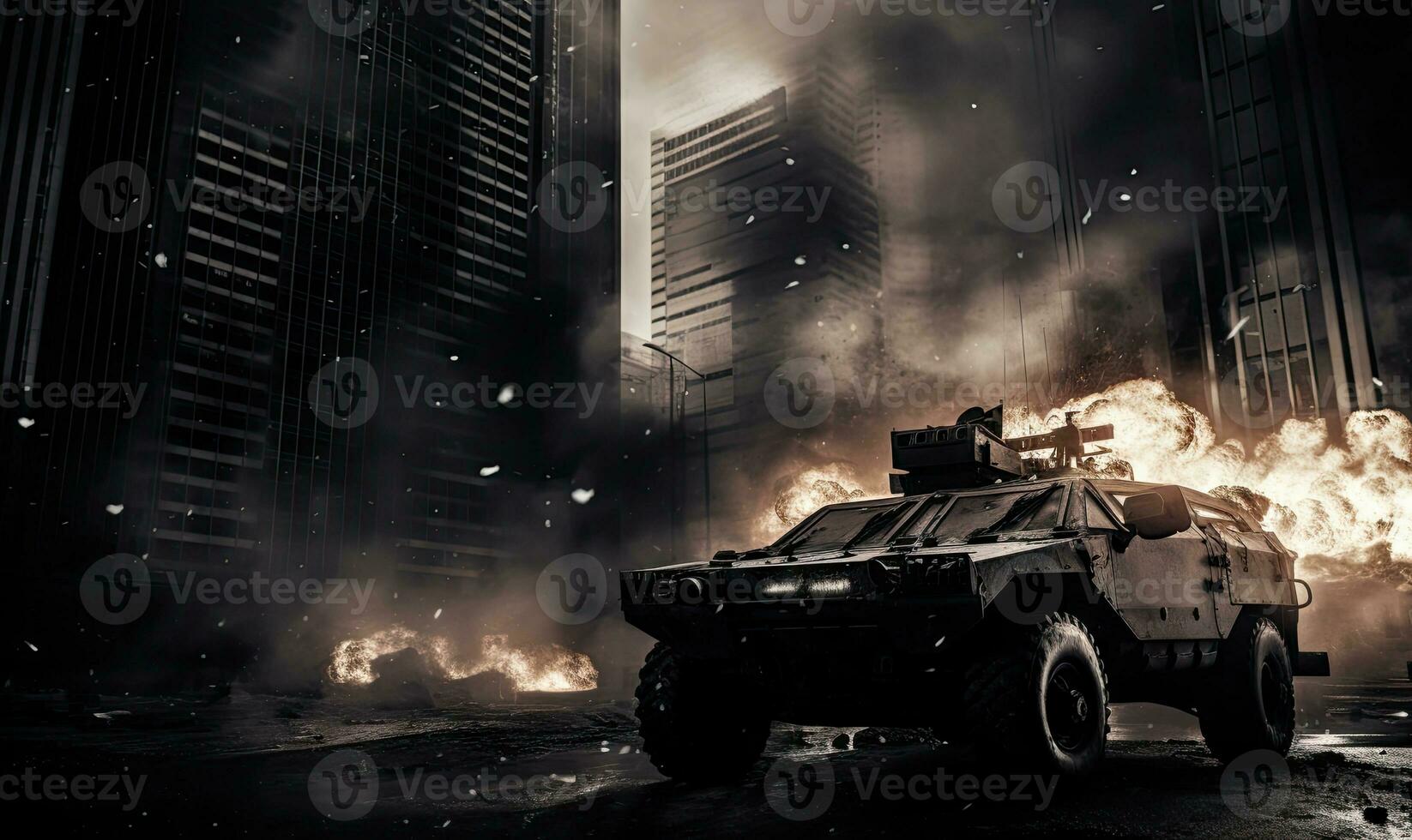 intenso campo di battaglia scena. ardente blindato militare veicolo nel città. creato ai utensili foto