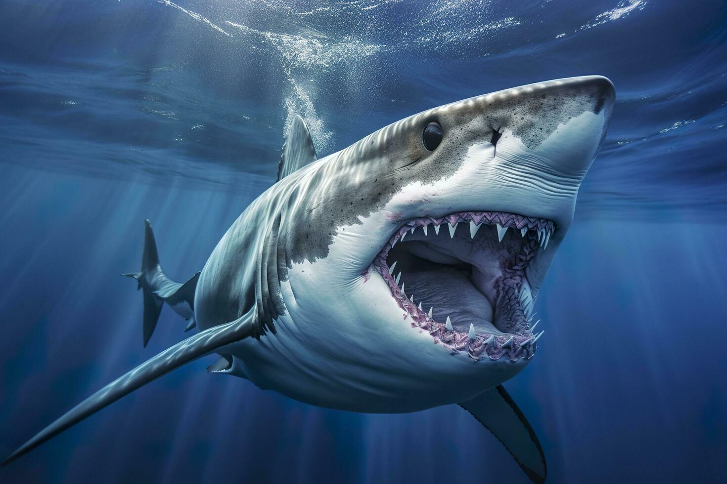 il re di il oceano, il grande bianca maschio squalo cacciatore subacqueo Visualizza, guadalupe isola, Messico. ai generativo foto