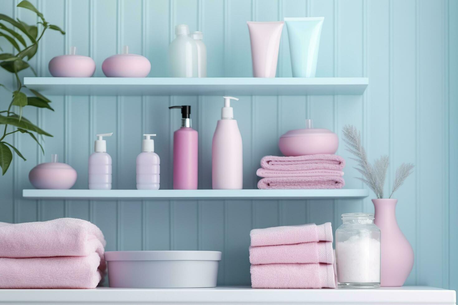 un' pastello bagno mensola con rosa cura della pelle prodotti, copia spazio, striscione, rosa e pastello blu luminosa tavolozza, barbiecore. ai generativo foto