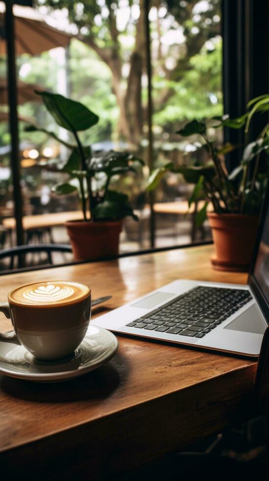 caffè e laptop sulla scrivania foto