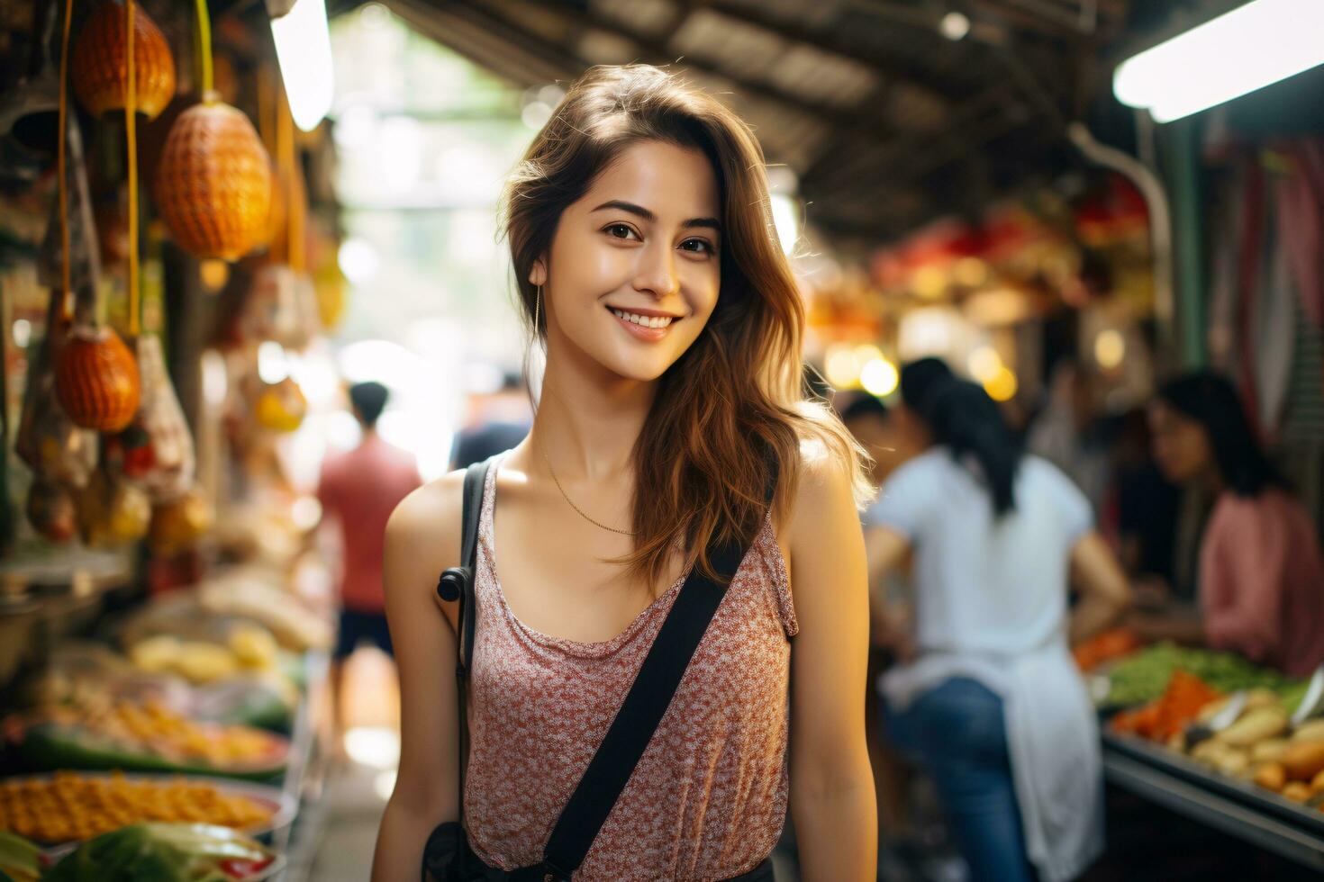 un' bellissimo femmina turista esplorando un' occupato mercato, ai generato foto