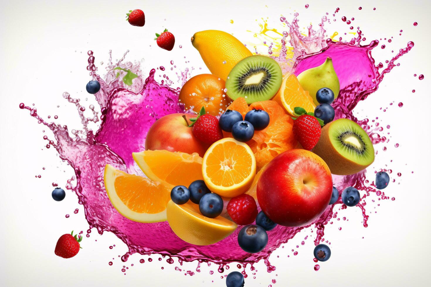 ai generato foto di colorato frutta schizzare su un' pianura sfondo spruzzo di succo