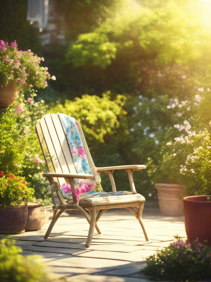 terrazza ponte e colorato sedia nel verde giardino ai generativo foto