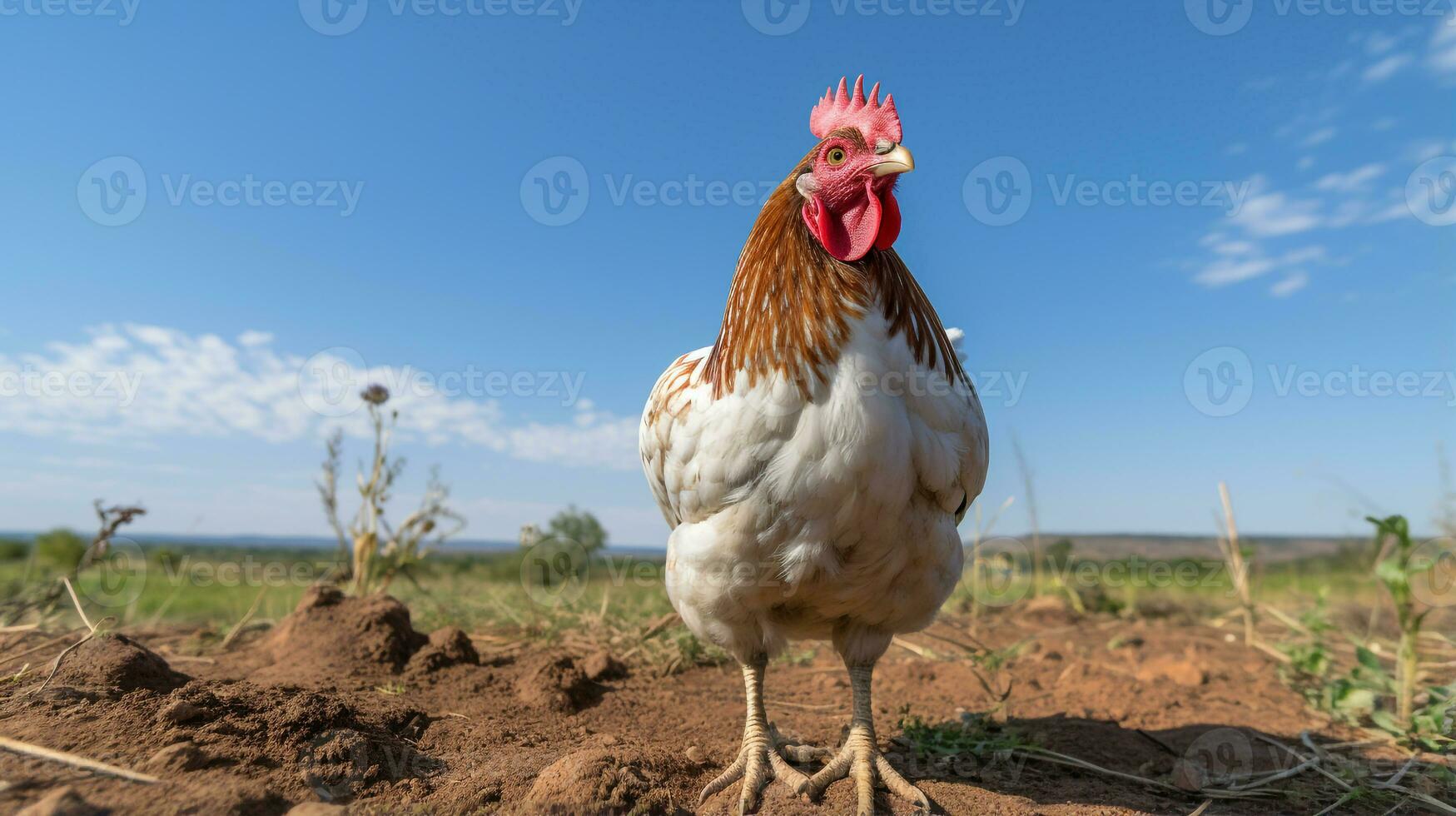 foto di un' gallo pollo nel il terreno agricolo. generativo ai