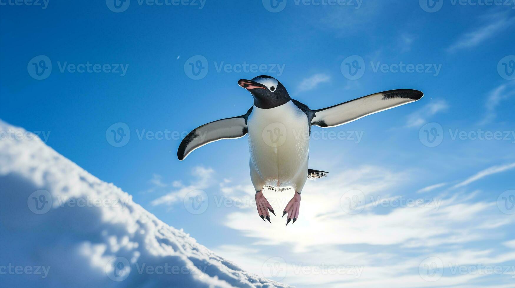 foto di un' pinguino sotto blu cielo. generativo ai