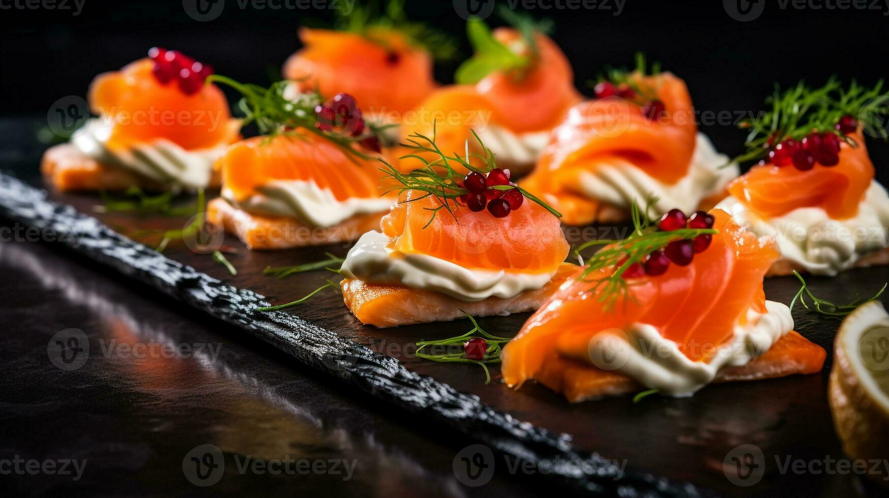 foto di affumicato salmone tartine come un' piatto nel un' fascia alta ristorante. generativo ai