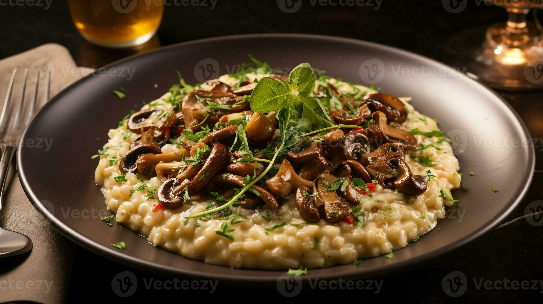 foto di fungo risotto come un' piatto nel un' fascia alta ristorante. generativo ai