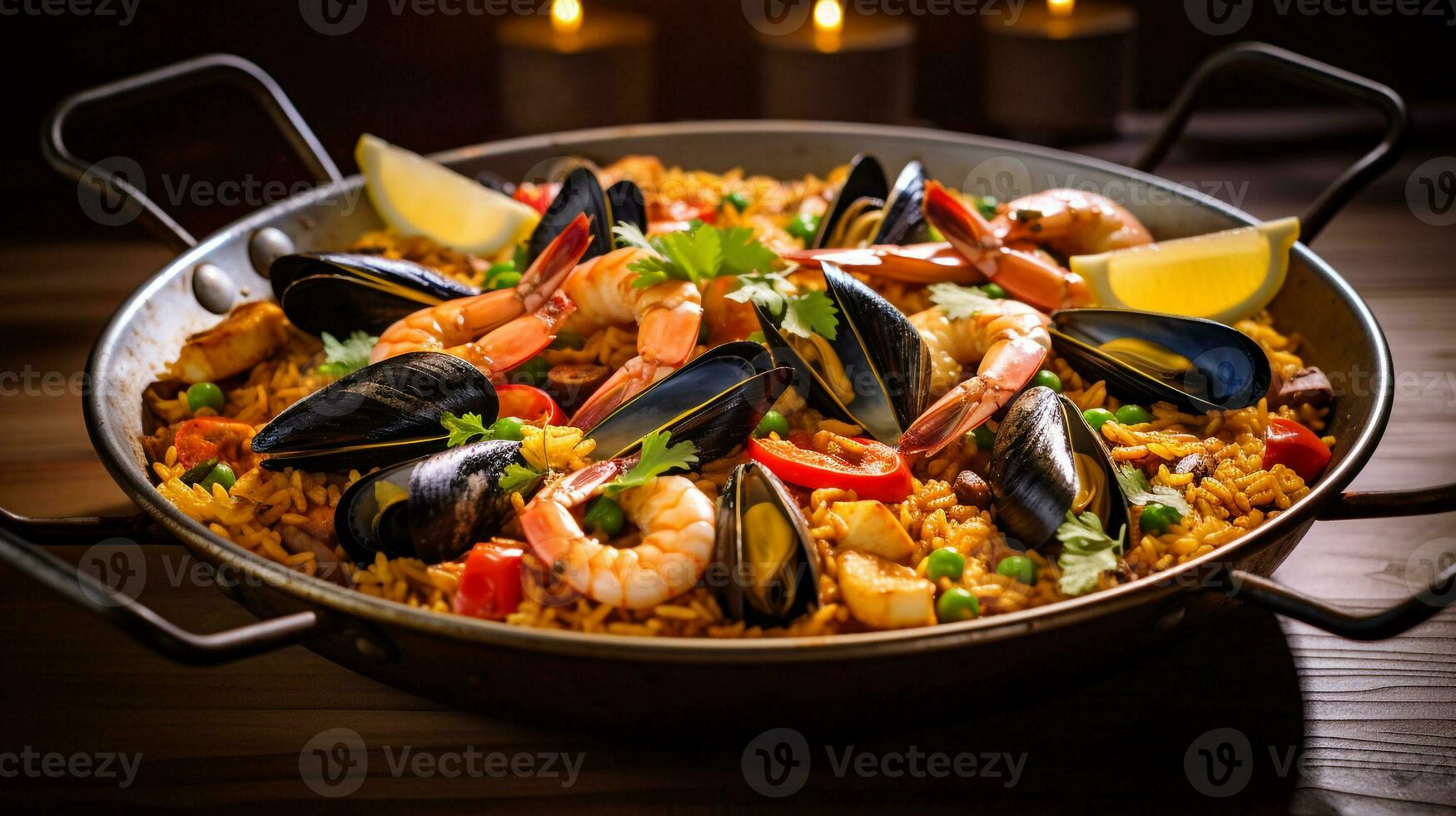 foto di caraibico frutti di mare paella come un' piatto nel un' fascia alta ristorante. generativo ai