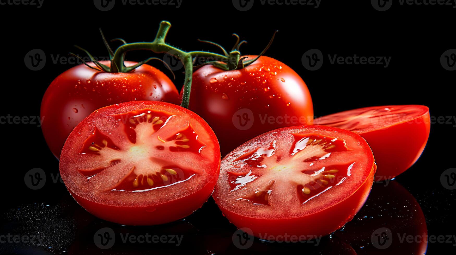 foto di pomodori e fetta di pomodoro isolato su nero sfondo. generativo ai