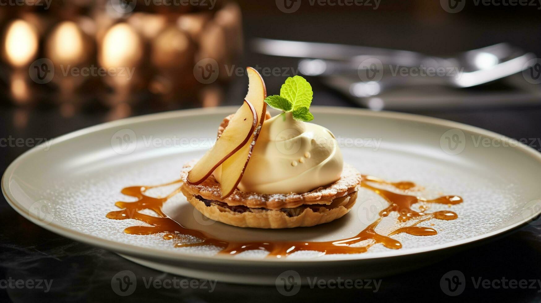 foto di Mela torta come un' piatto nel un' fascia alta ristorante. generativo ai