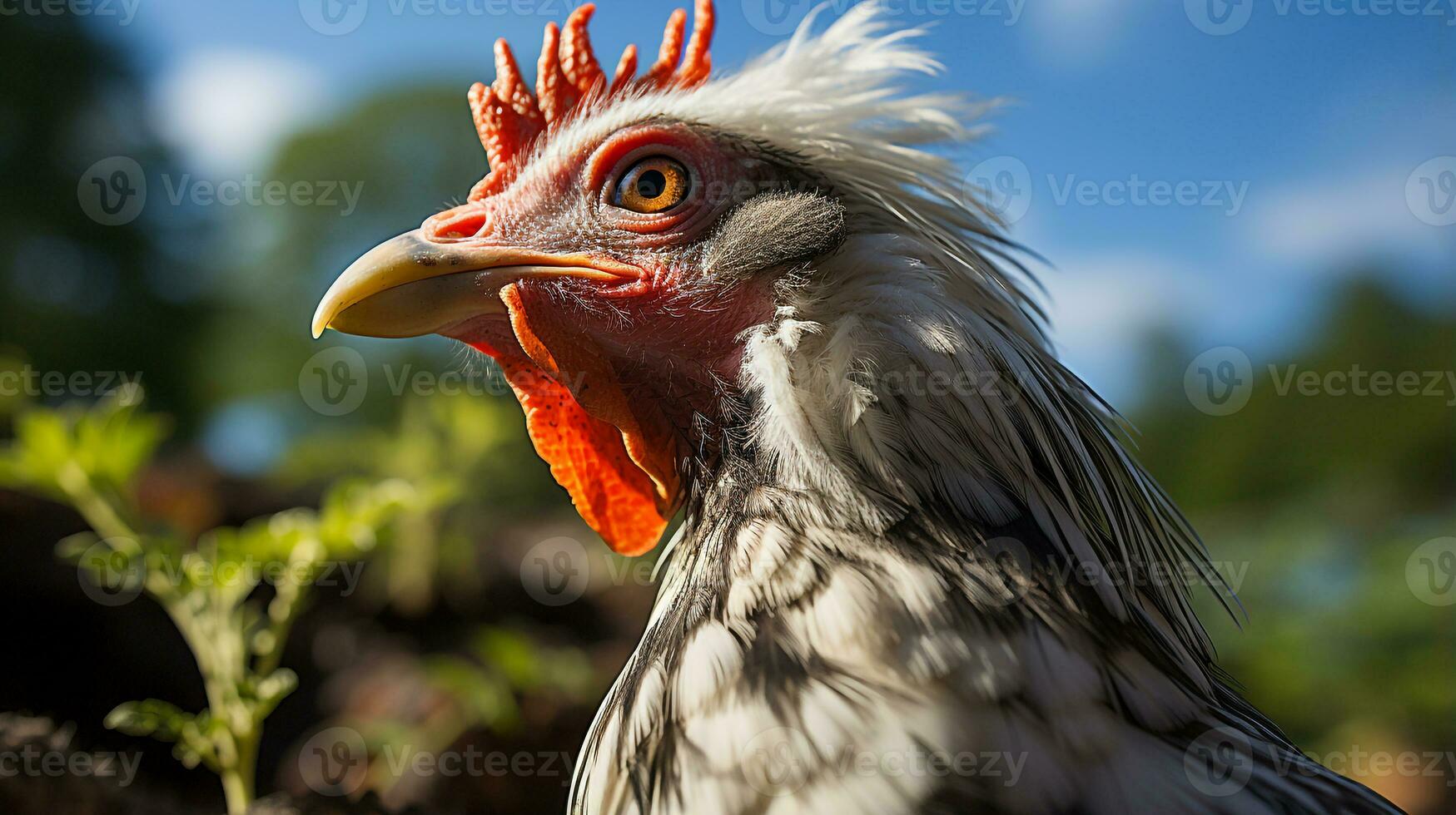 avvicinamento foto di un' gallo pollo guardare qualunque direzione. generativo ai