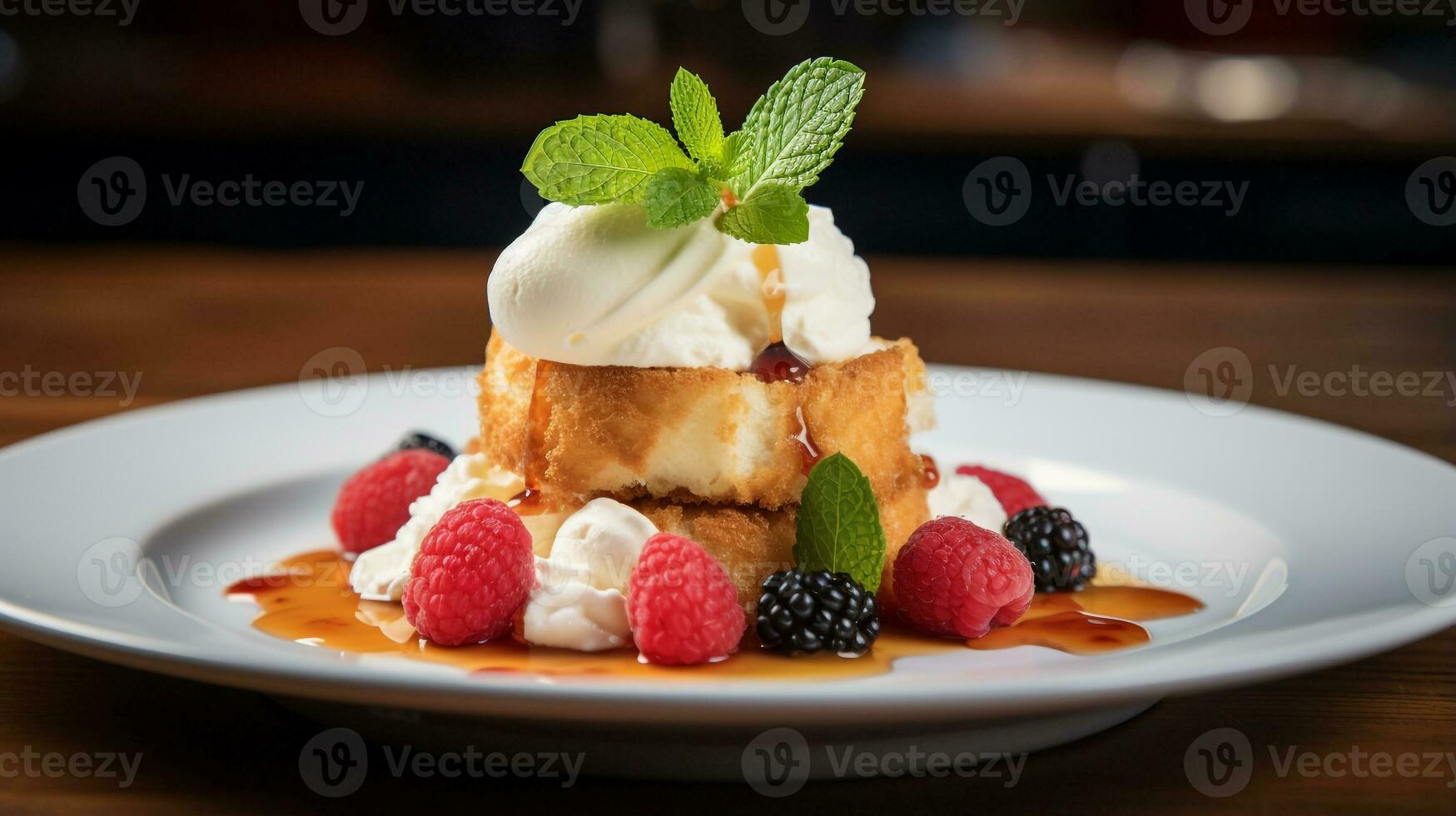 foto di angelo cibo torta come un' piatto nel un' fascia alta ristorante. generativo ai