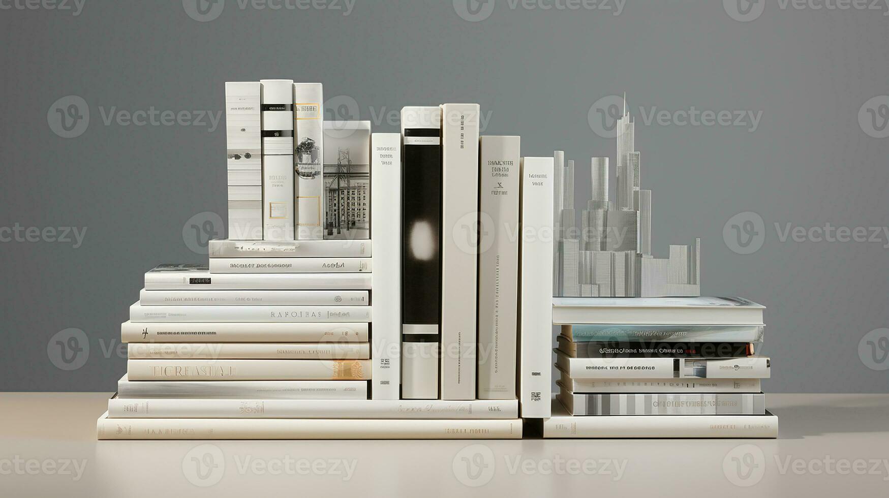 3d interpretazione di un' libro mensola con libri nel davanti di grigio sfondo. generativo ai foto