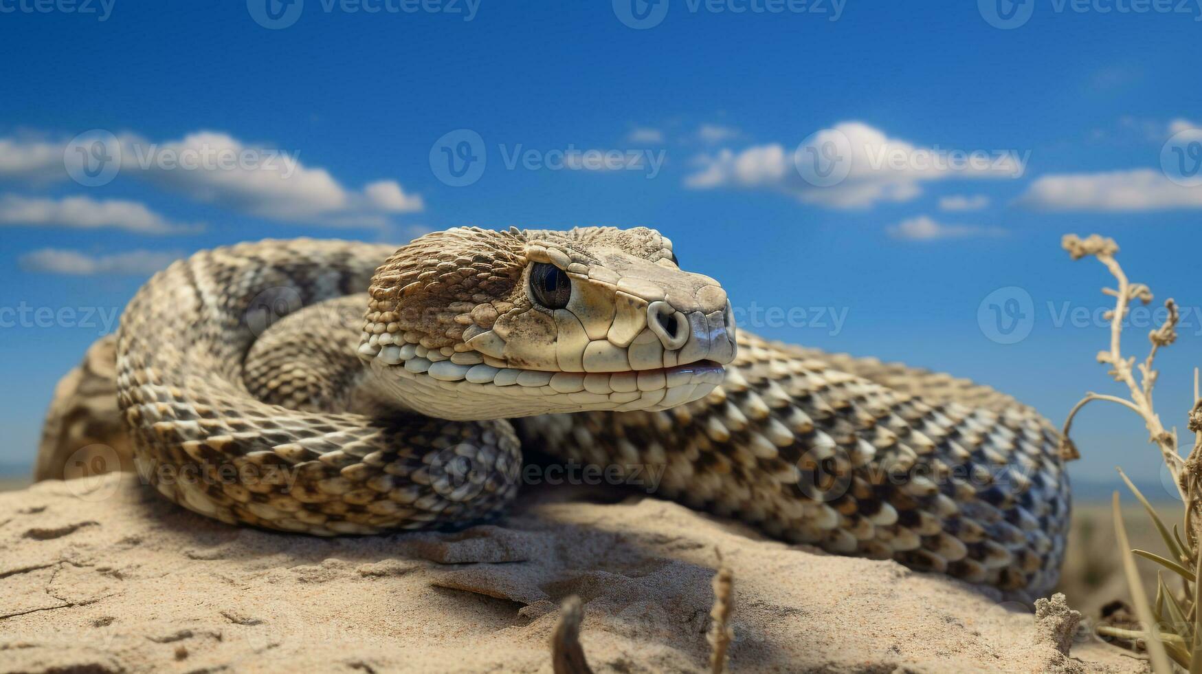 foto di un' sidewinder serpente a sonagli nel un' deserto con blu cielo. generativo ai