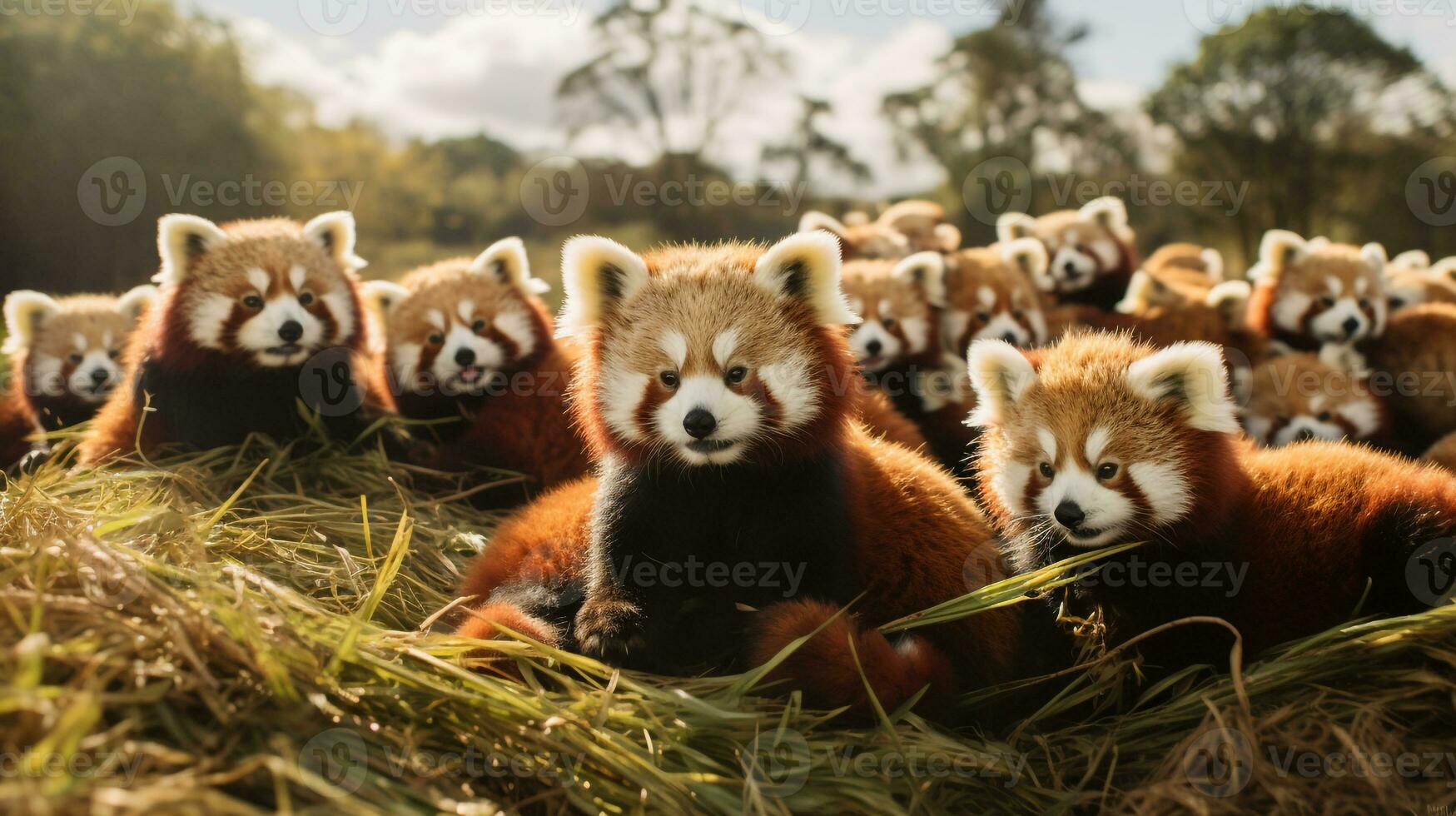 foto di un' mandria di rosso panda riposo nel un Aperto la zona su il savana. generativo ai