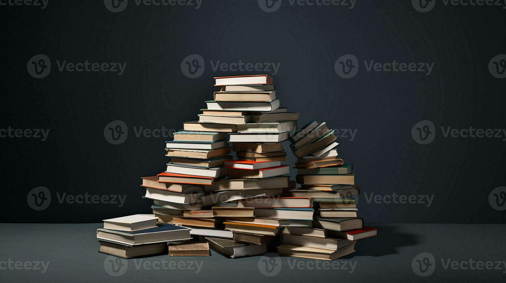 mucchio di libri su buio parete sfondo. indietro per scuola concetto. generativo ai foto