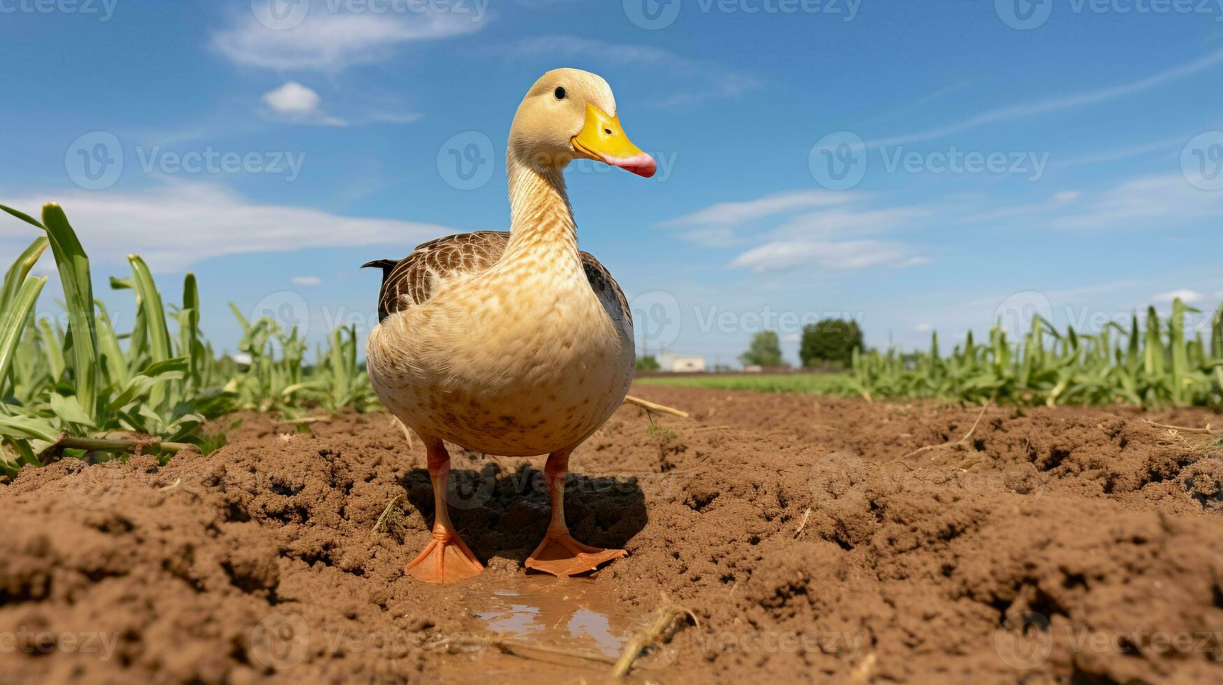 foto di un' anatra nel il terreno agricolo. generativo ai