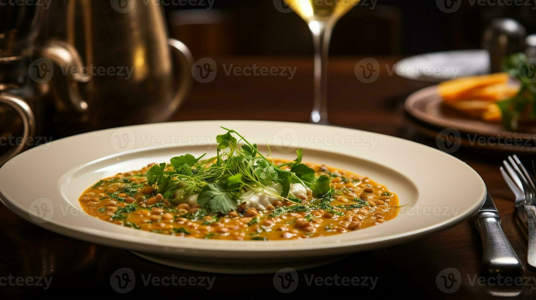 foto di lenticchia la minestra come un' piatto nel un' fascia alta ristorante. generativo ai